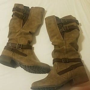 Tan and brown mid calf boots