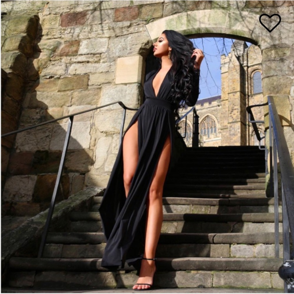 Deep V cut gown dress with 2 splits on side