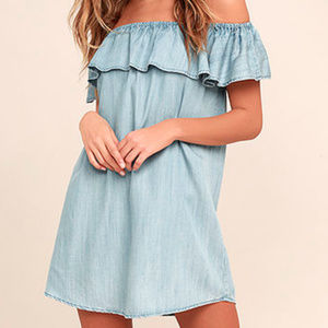 Lulus Light Blue Chambray Off-the-Shoulder Dress
