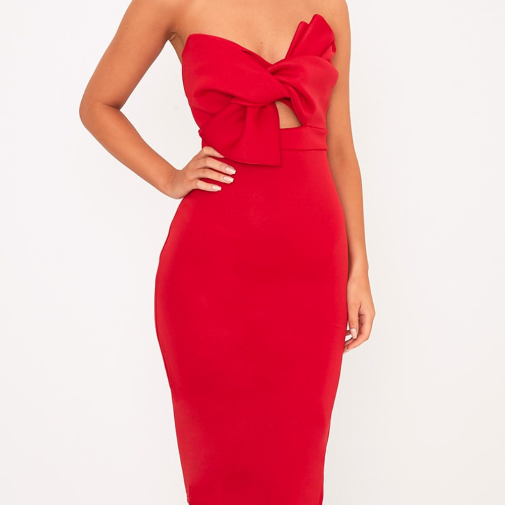 PrettyLittleThing Elisse Red Bow Scuba Midi Dress