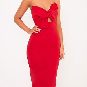 PrettyLittleThing Elisse Red Bow Scuba Midi Dress