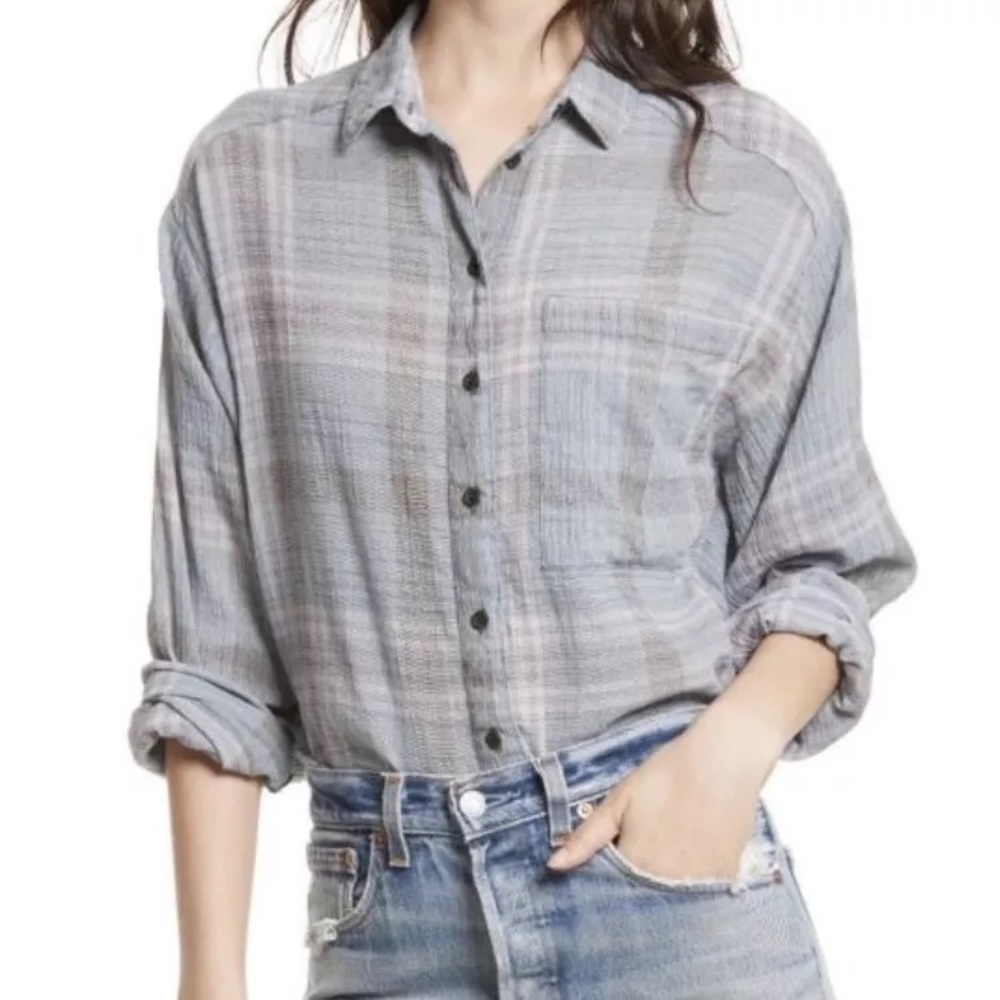Free People Plaid Button Down Batwing Sleeves Top