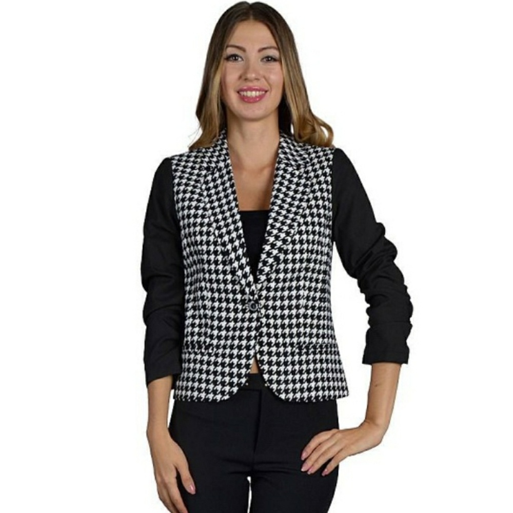 Collared Houndstooth Print Vest Coat