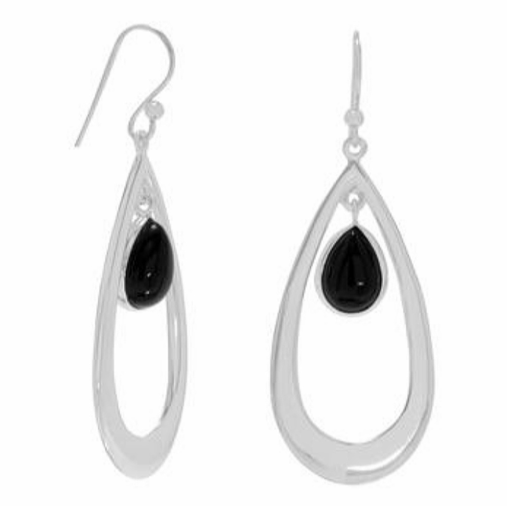 POLISHED FRENCH WIRE EARRINGS BLACK ONYX DROP