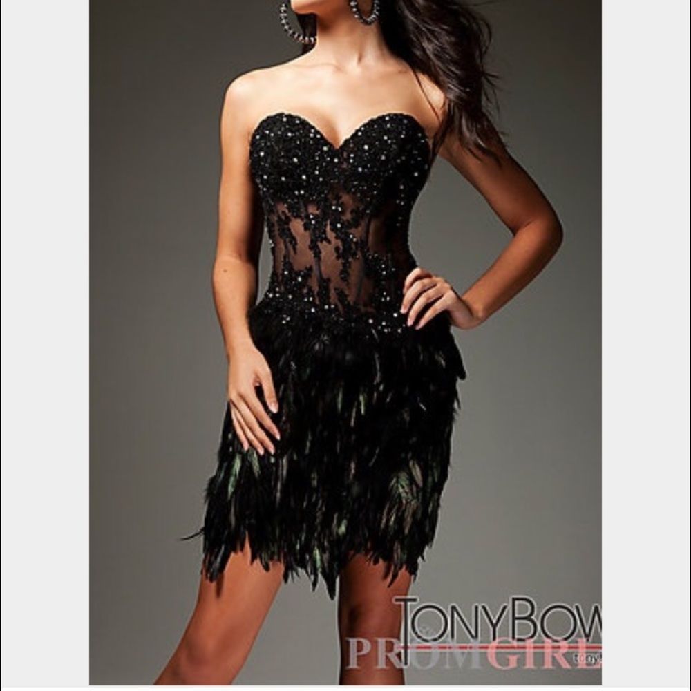 Tony bowls black feathered cocktail dress