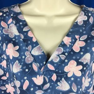 Aloha Scrub Blue and Pink Tulip Floral Design 2XL