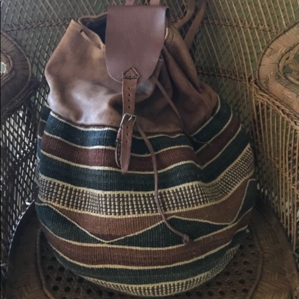 Vintage Sisal Woven Jute and Leather Backpack bag