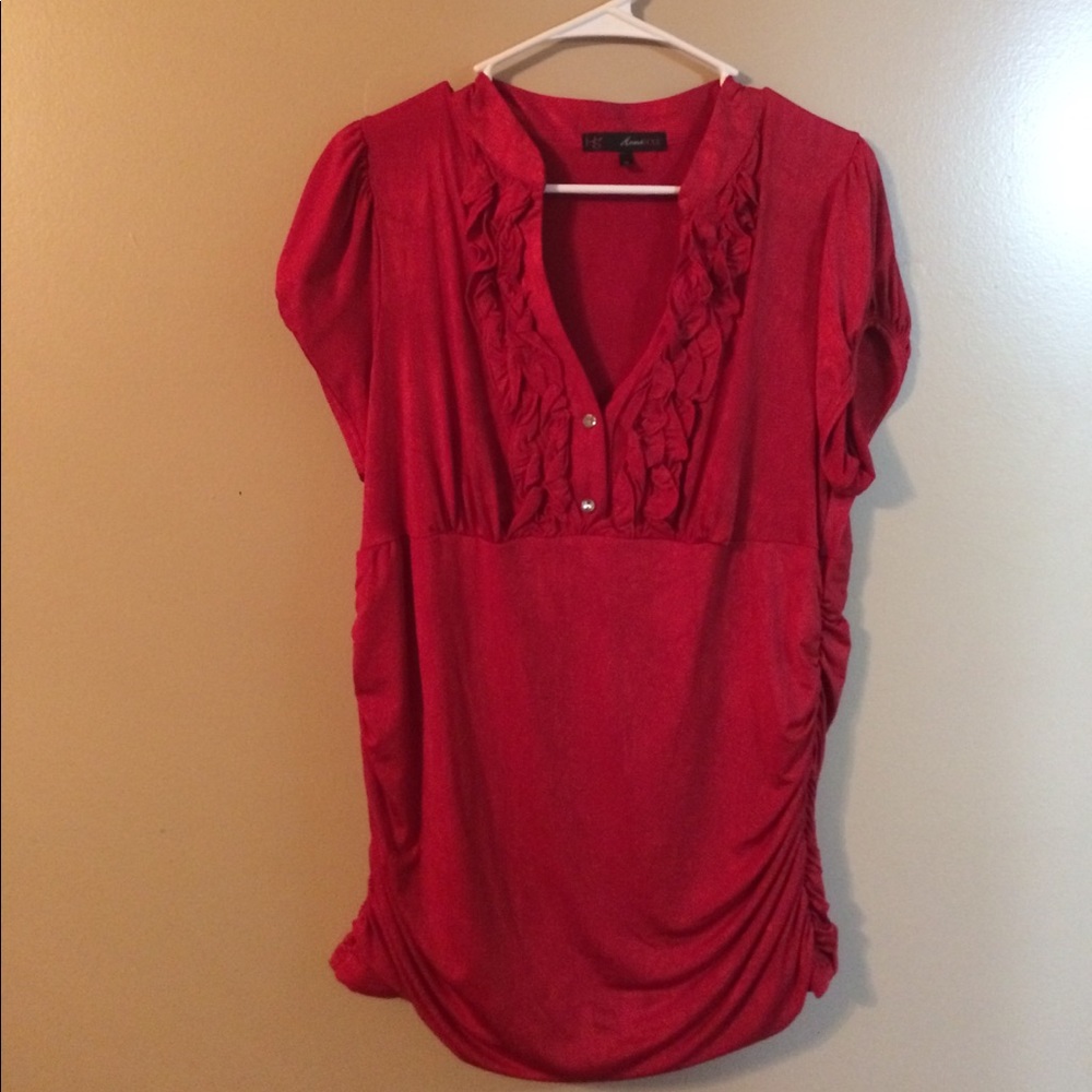 Red ruffle blouse.