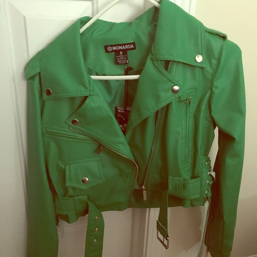 Green faux leather jacket with zippers and belt