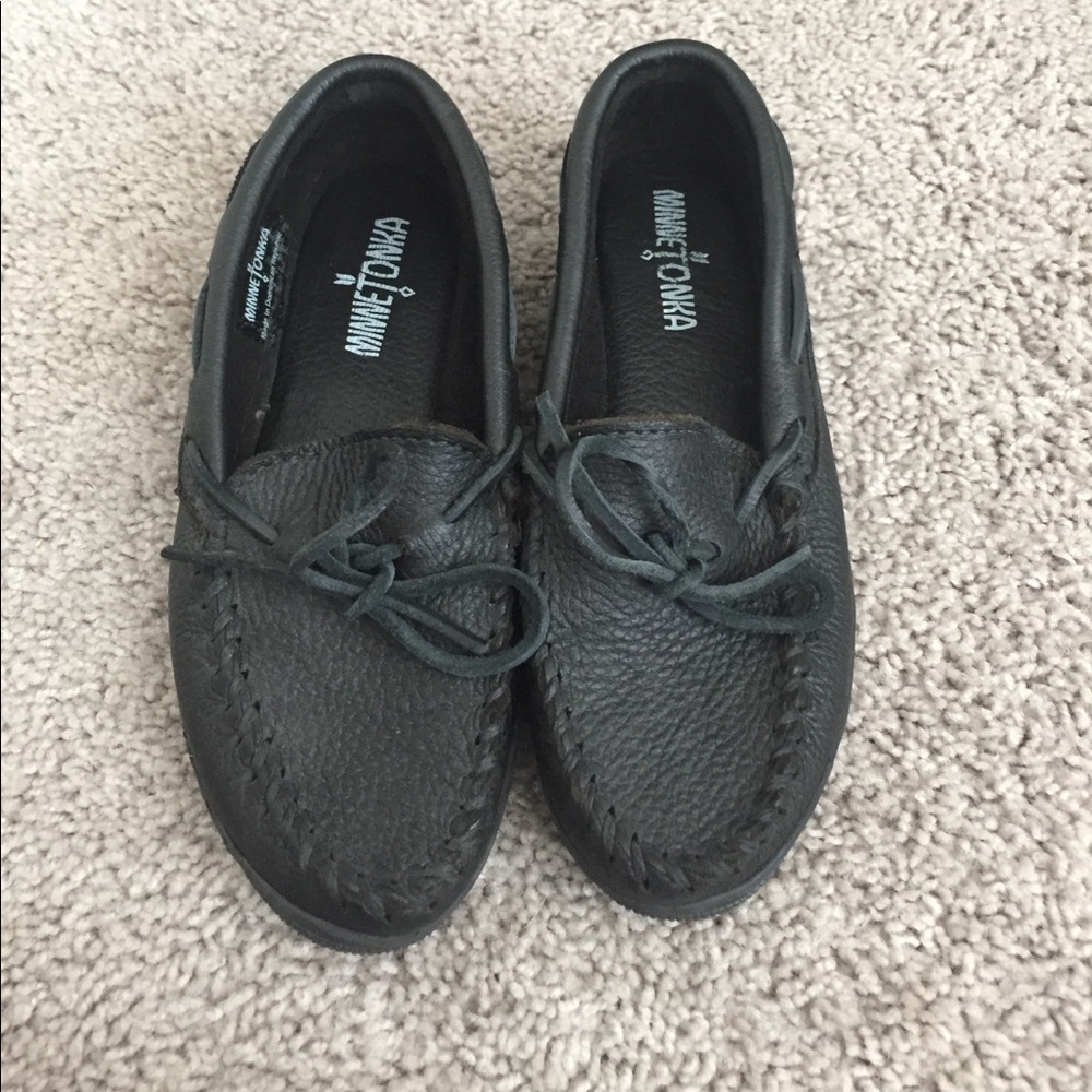 Black leather Minnetonka moccasins