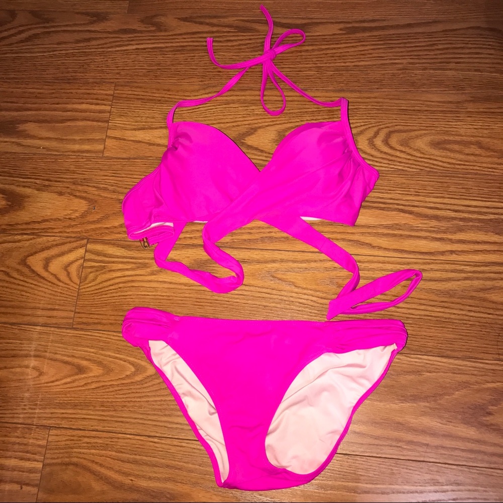VS NEON PINK WRAP HALTER BIKINI SET W/ BOTTOMS