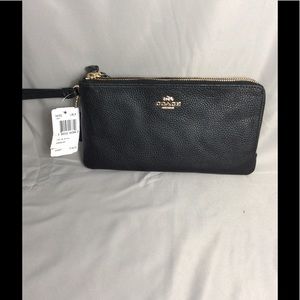 COACH pebble leather double zip around wallet