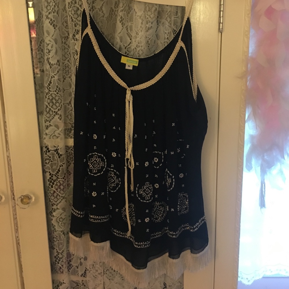 Black Sheer tank  w/ white beaded pattern & fringe
