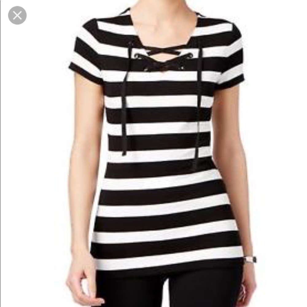 INC women's striped Lace-up short sleeve top