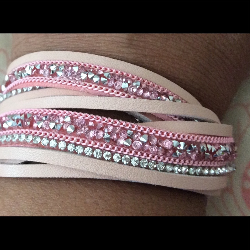 Rhinestone, leather double wrap around bracelet