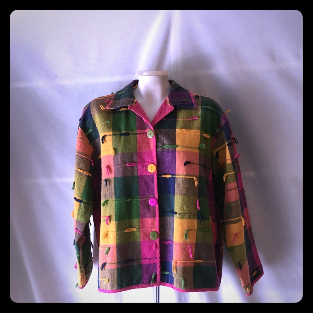 Cotton Ice Cream Plaid Jacket w Fringes. Size XL.