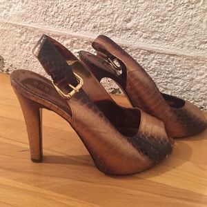 Bronze snakeskin BCBGirls peep toe heels