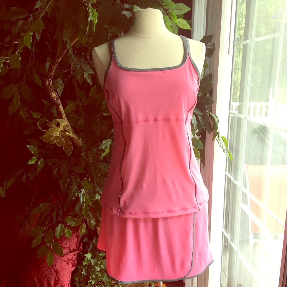 Lands End Pink Skirt Tankini w Gray Straps Size 14