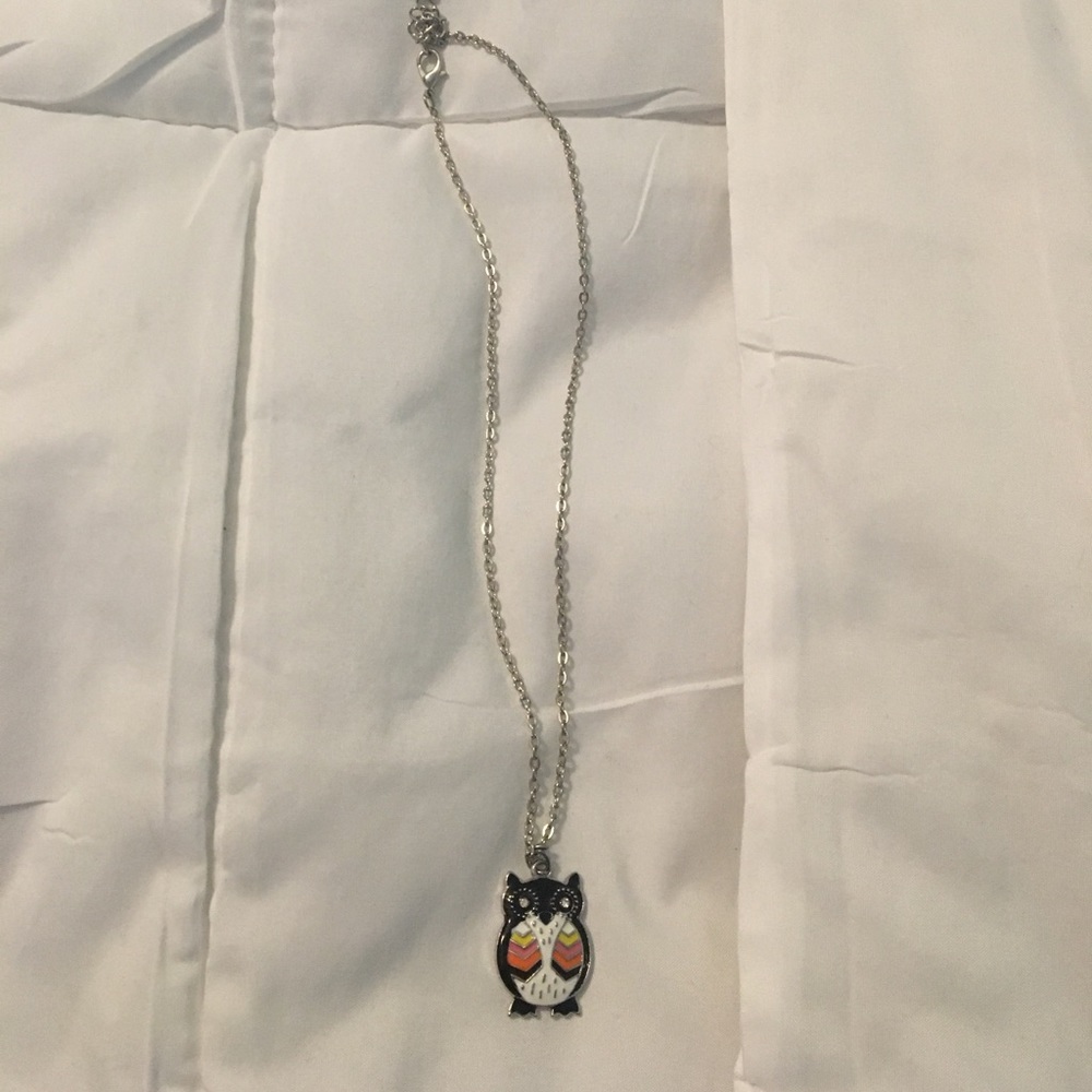 Black, pink, orange, yellow, and white owl neckace