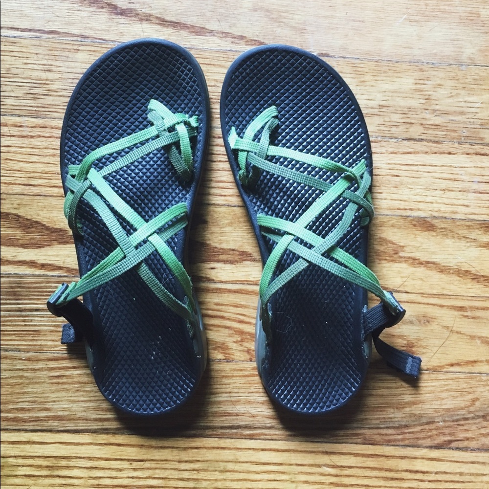 Double strap green Chaco sandals.