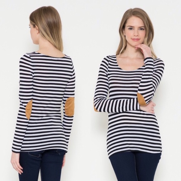 Striped Long Sleeve Top Suede Elbow Patches Girly - Picture 2 of 8