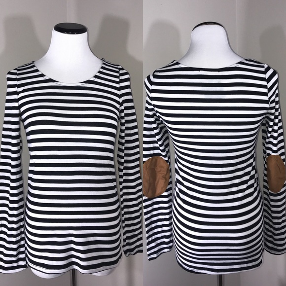 Striped Long Sleeve Top Suede Elbow Patches Girly - Picture 3 of 8