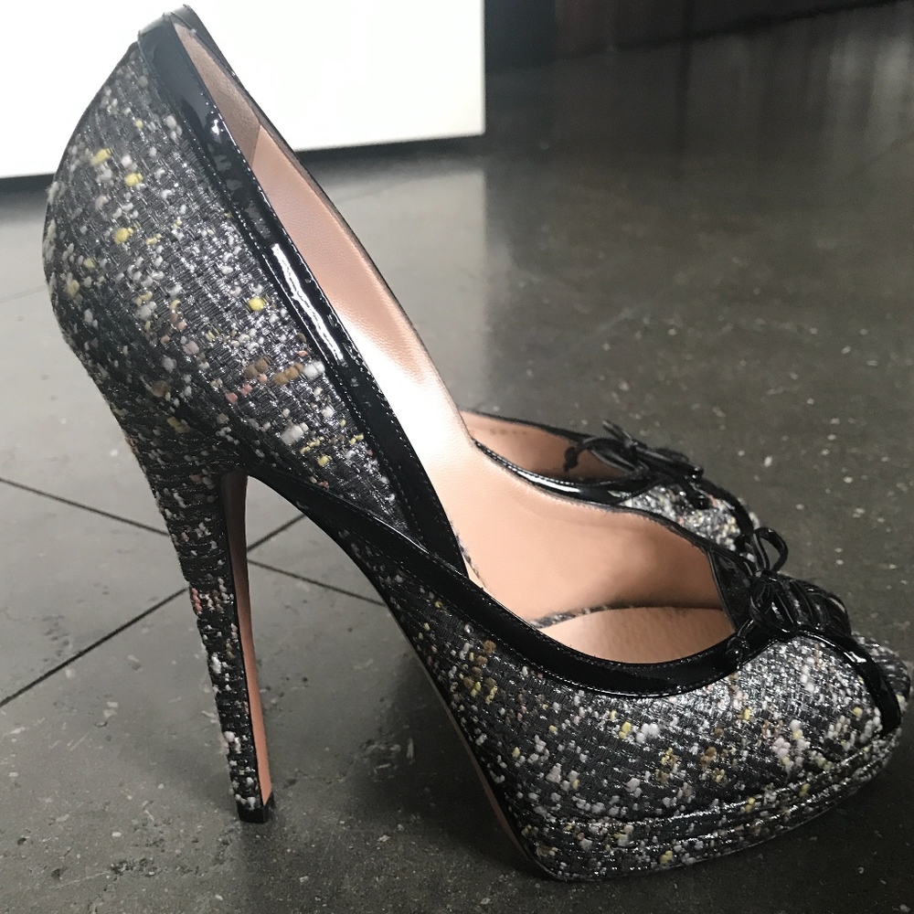 Casadei Metallic Tweed Peep-Toe Pumps