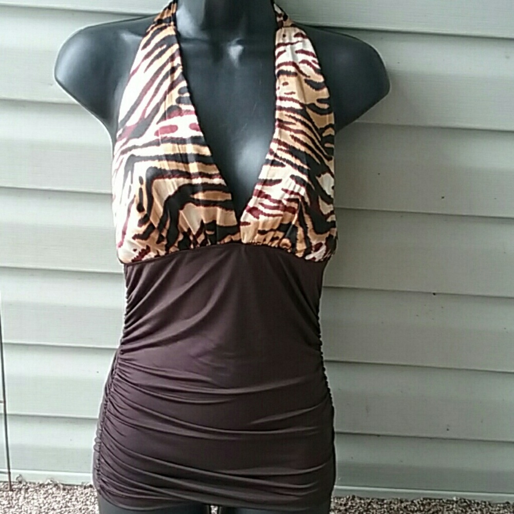 Low Cut Satin Tiger Print Halter Top S-M-L New Satin Club Wear