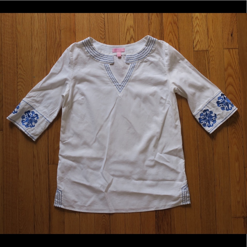 LILLY PULITZER White Linen Embroidered Tunic Top