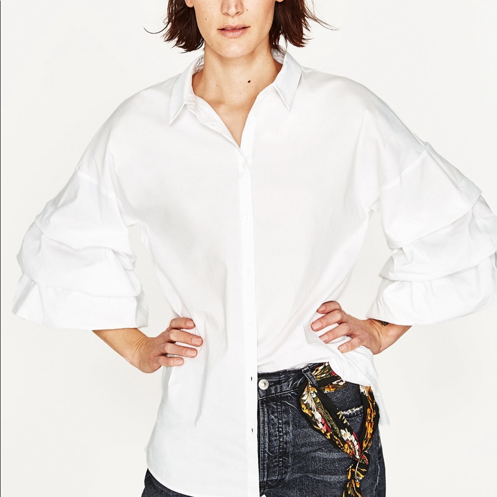Poplin Shirt with Pleated Sleeves