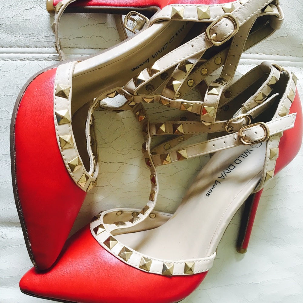 Red and cream studded heels
