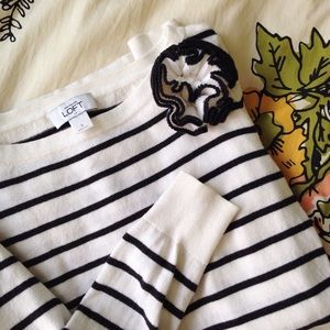 LOFT Striped Sweater with Knit Flower