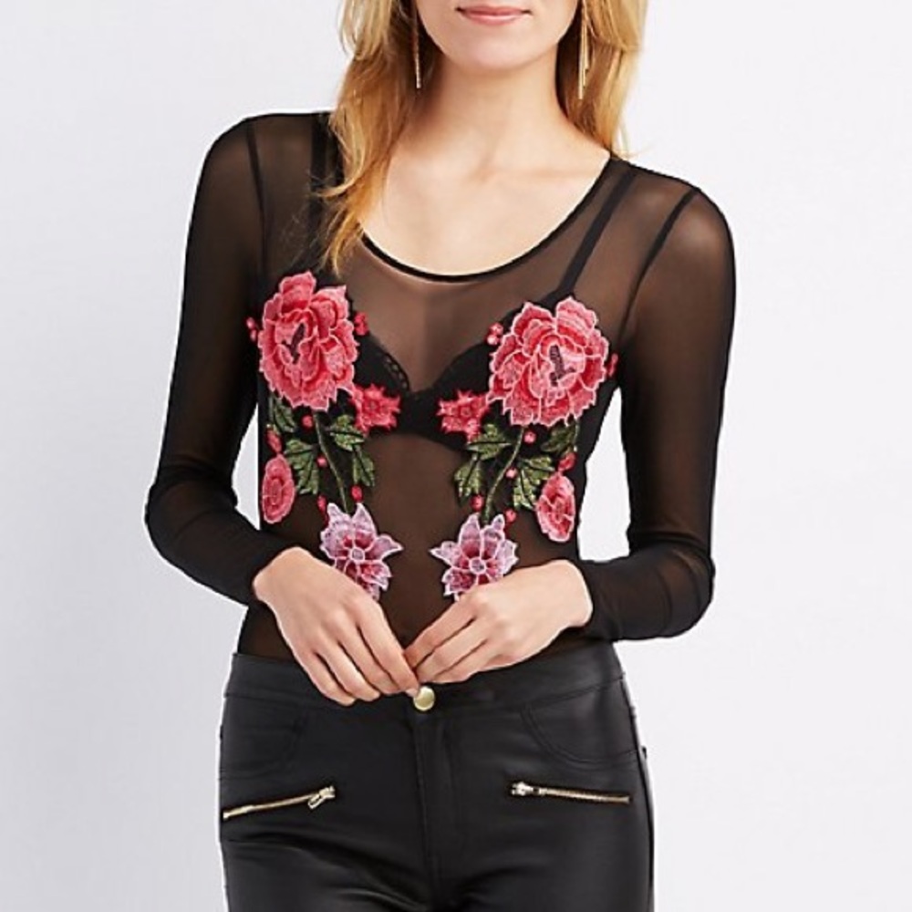 Sheer mesh embroidered body suit 🌺