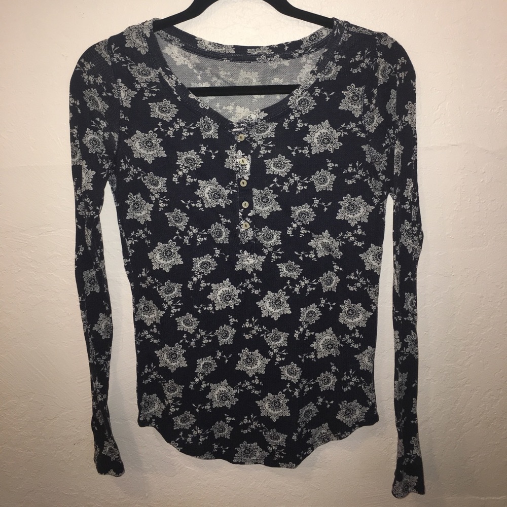 Navy Floral Fitted Top with Buttons
