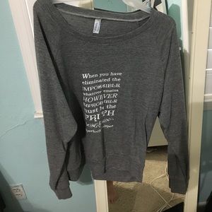 Gray sweater with Sherlock quote