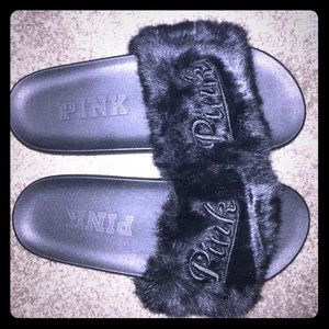 Price FIRM: Brand New Pink (Black) Fuzzy slides !