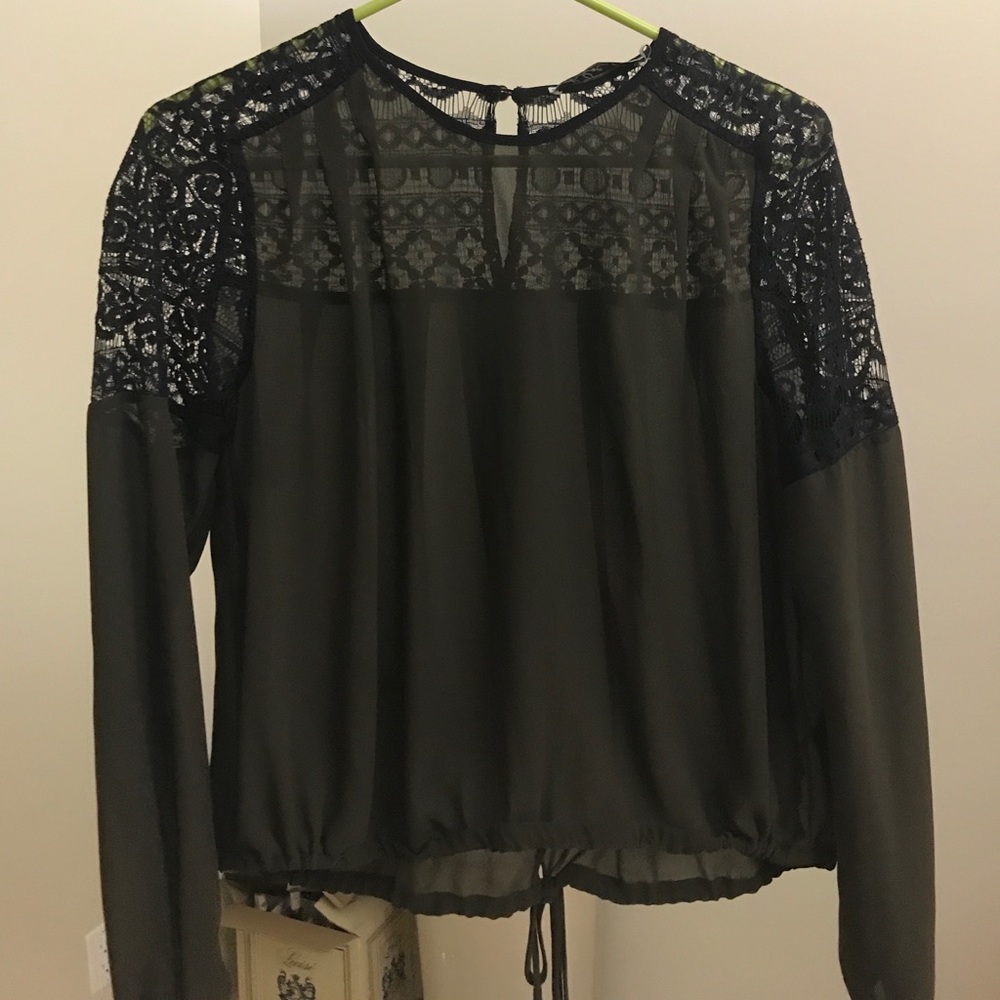Army green blouse with black lace detailing