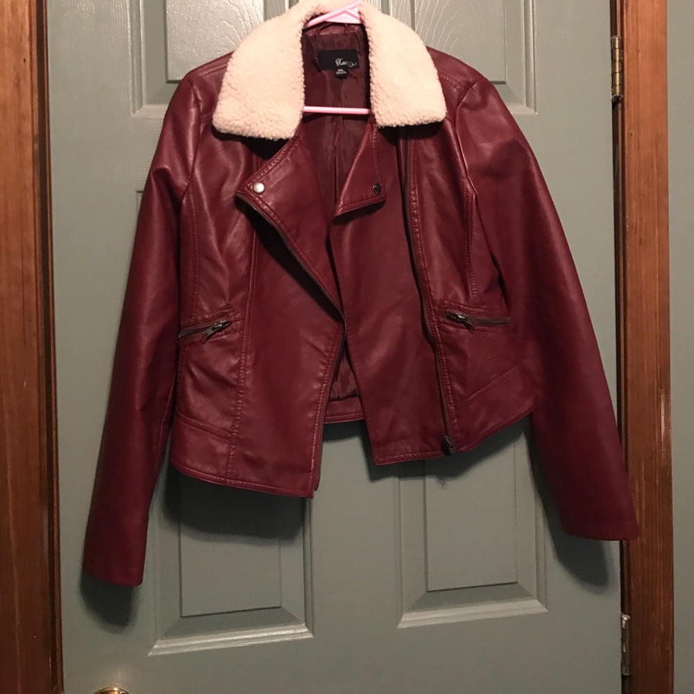 Maroon Leather Jacket w/ Faux fur collar