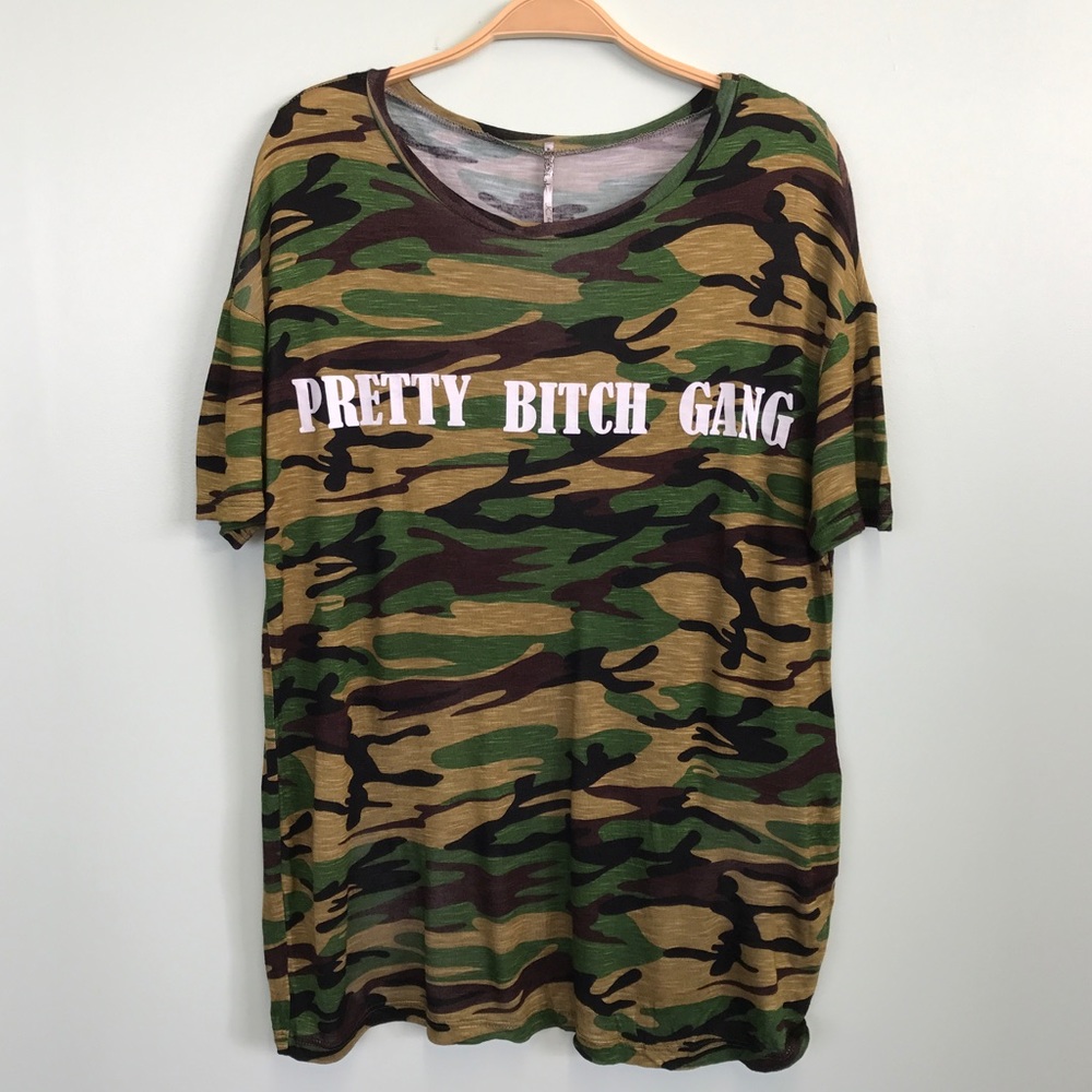 New "Pretty Bitch Gang " print CaMoulage Loose top
