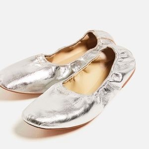Zara Basic Silver Leather Ballet Flats, Never Worn