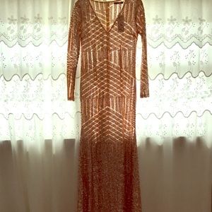 Mesh plunge Neck Maxi dress, plush pink/nude