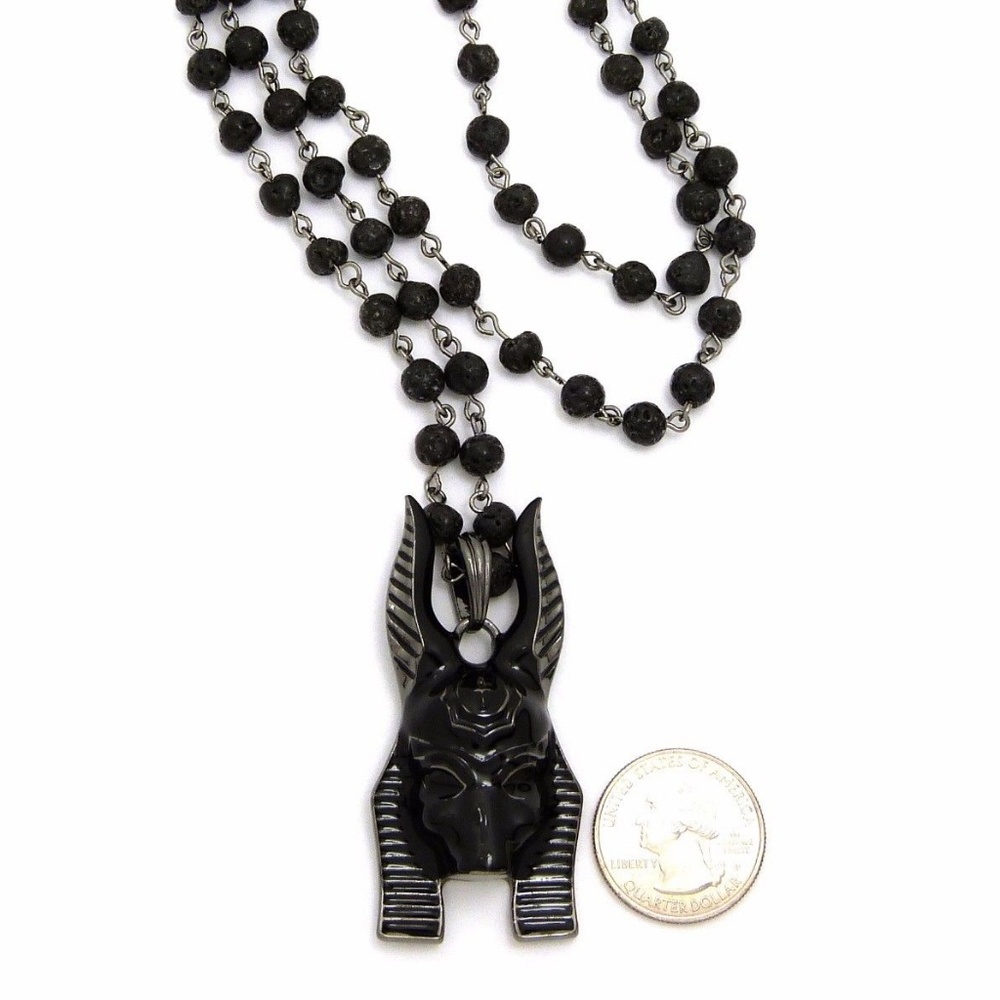 Egypt God Anubis Head & Lava Stone Bead Chain set