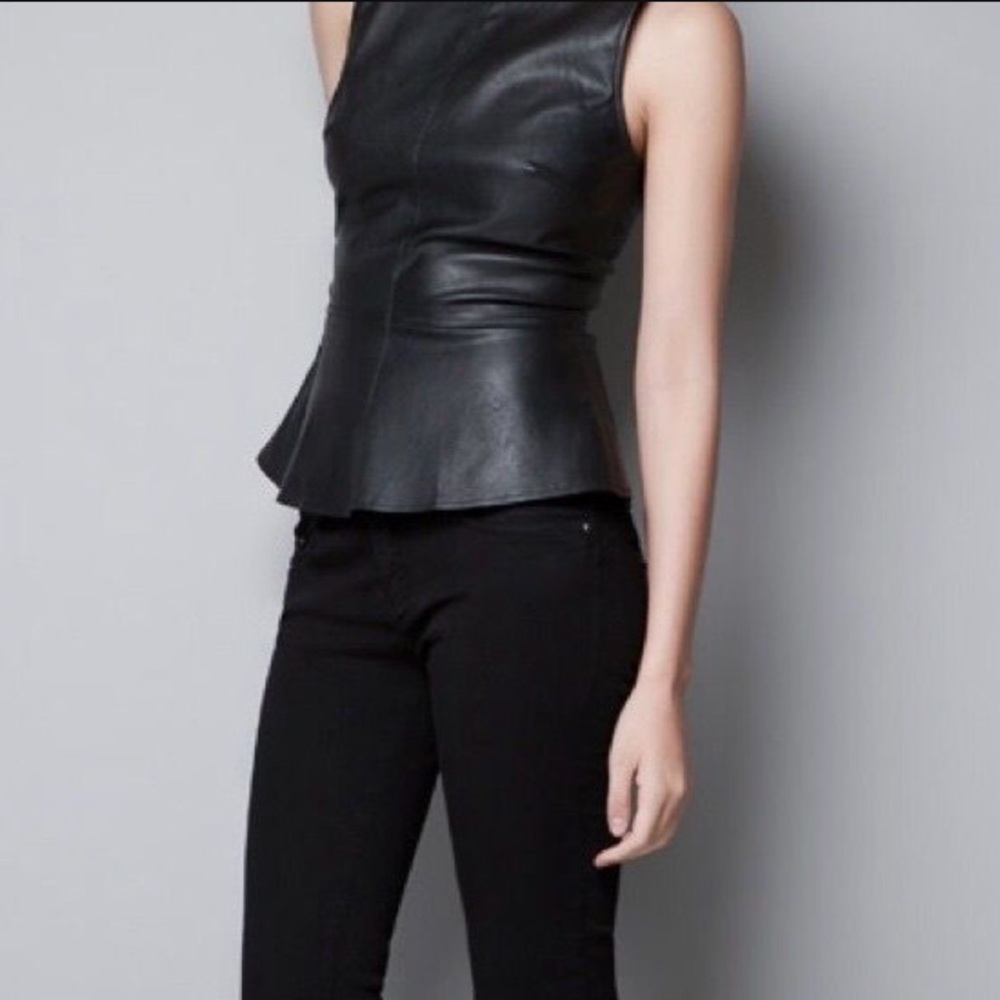 Zara Leather Peplum Top Black Sz XS
