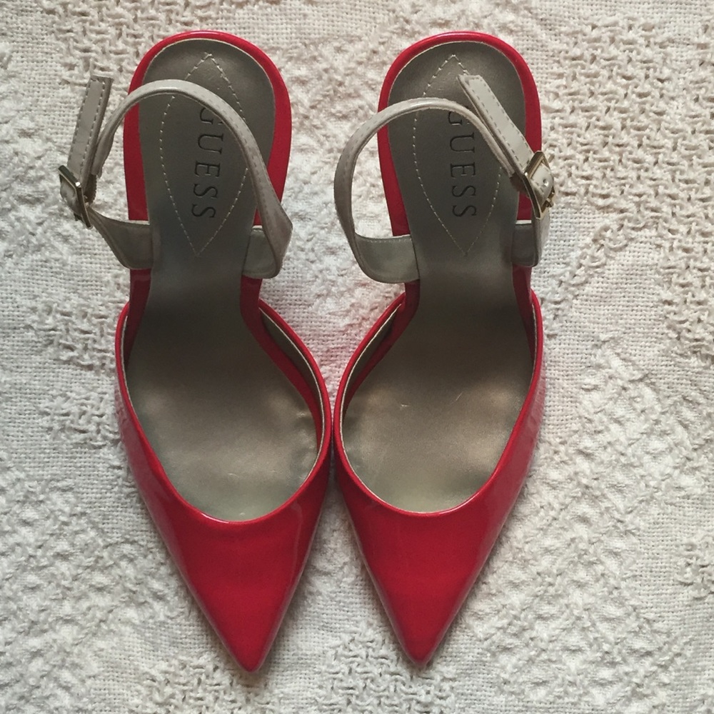 Red patent leather sling back pumps