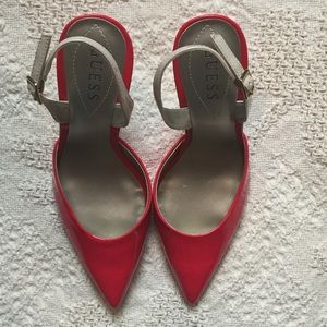 Red patent leather sling back pumps
