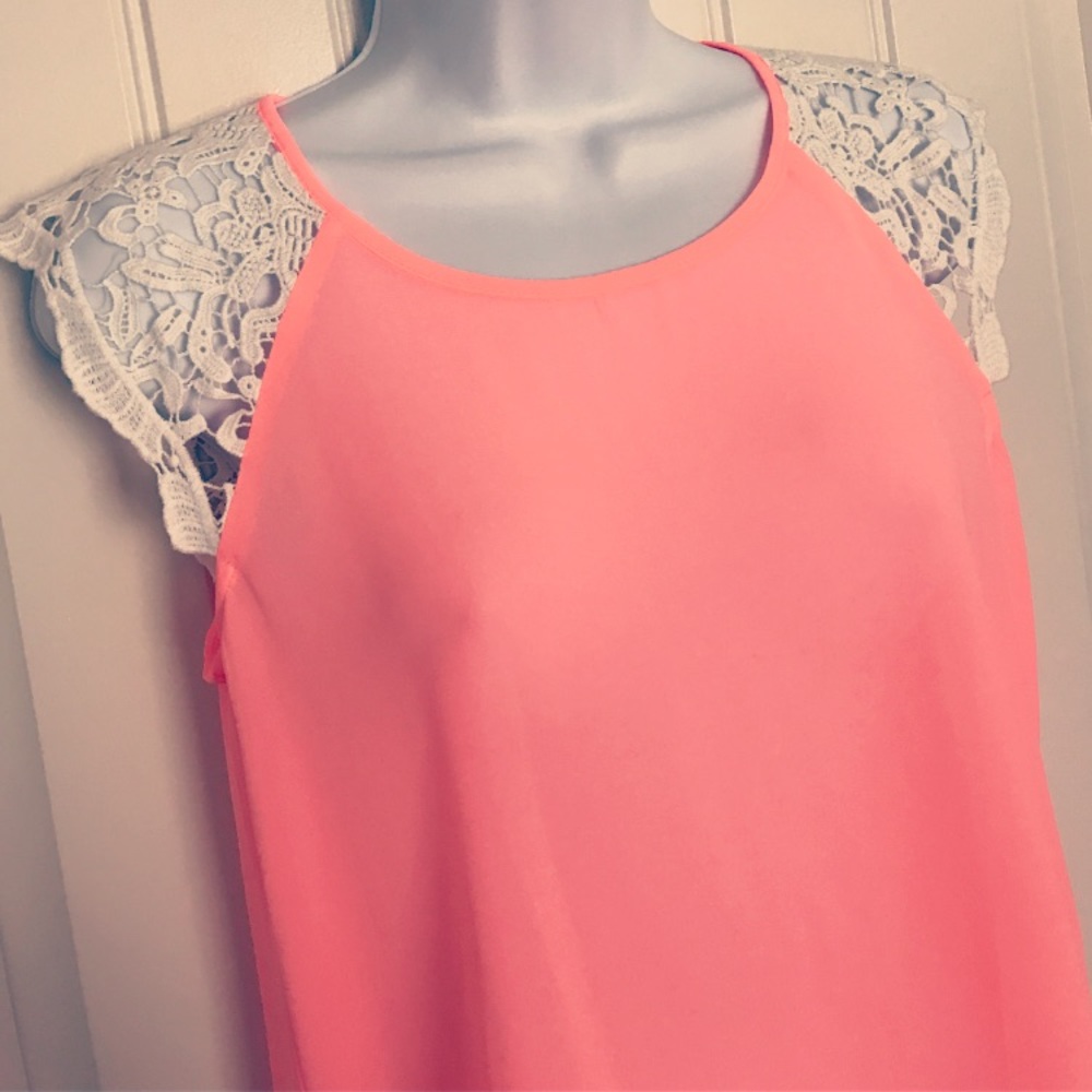Neon Peach Sheer Crochet Detail Top