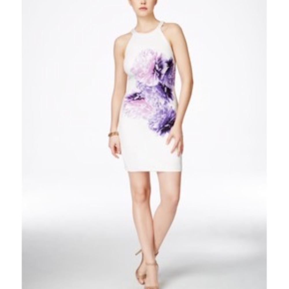 Guess Sleeveless Floral-Print Halter Scuba Dress