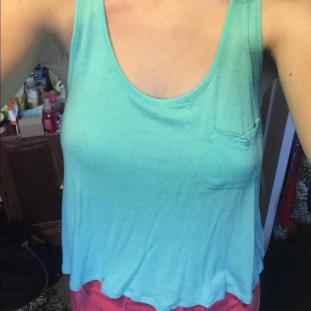 Sea foam green tank top with cream lace back.