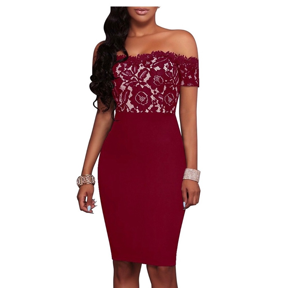 Red Off shoulder lace bodycon dress