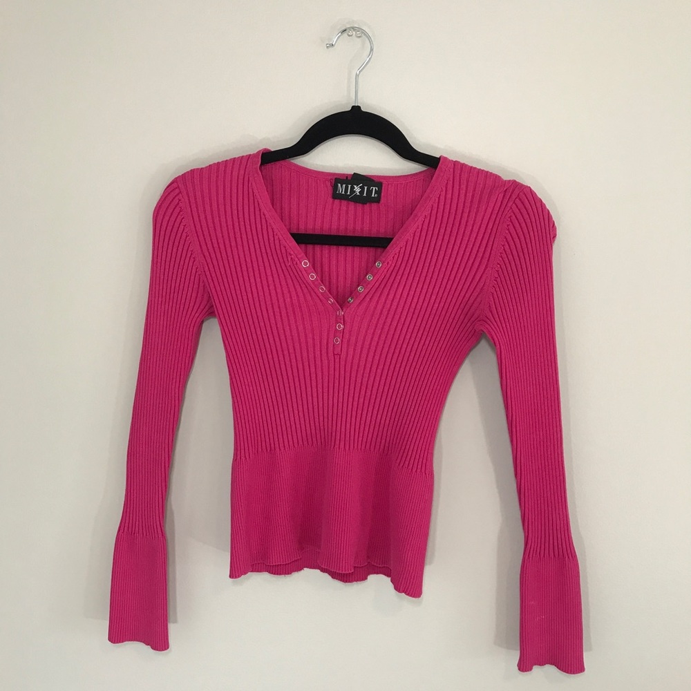 Vintage 90s Ribbed Bell Sleeve Stretchy Top Blouse